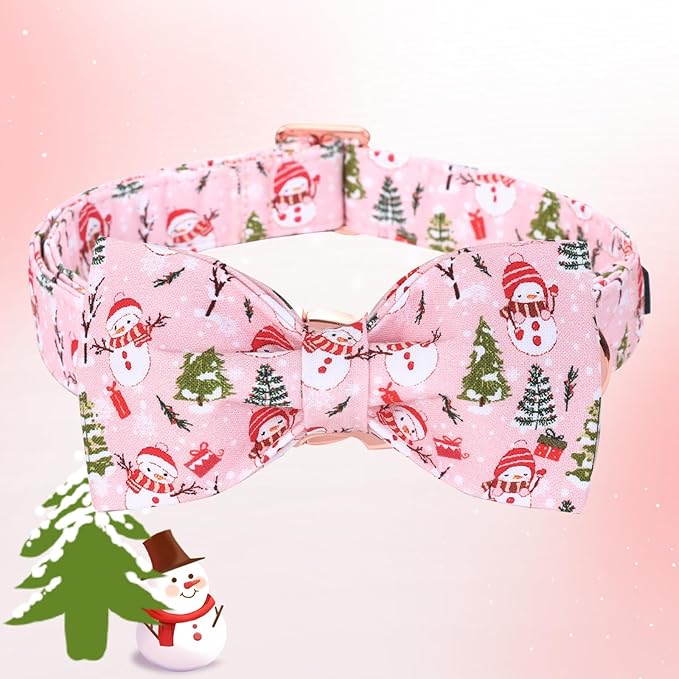 Christmas Dog Collar, Christmas Tree and Snowman Print Cute Winter Holiday Collars Cotton Adjustable Comfortable Pink Dog Collar with Bow,Stylish Collars for X-Small Girl Dogs
