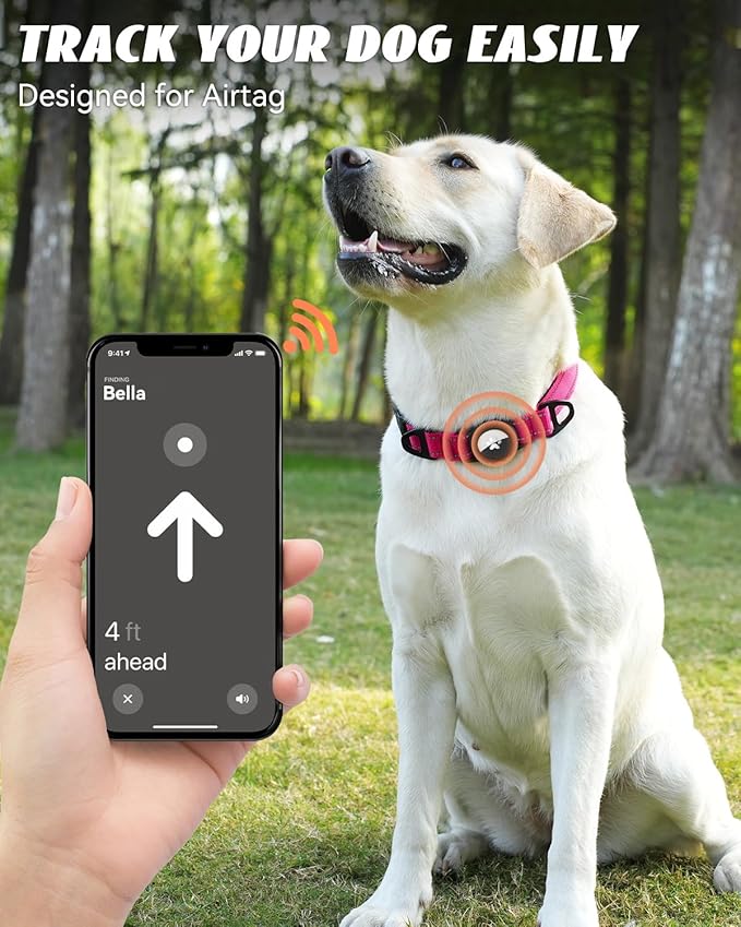 Joytale Airtag Dog Collar, Reflective Pet Collar with Waterproof AirTag Holder, Dual D-Rings, Soft Padded Adjustable for Extra Large Dogs, Hotpink, XL