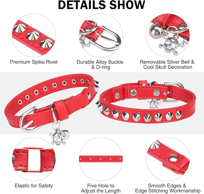 Leather Cat Collars for Boy Girl Cats with Bell and Safety Elastic Belt, Personalized Rivets Stud Adjustable Safe Buckle Collar with Skull Charm for Kitty Small Pets, Red 7"-9"