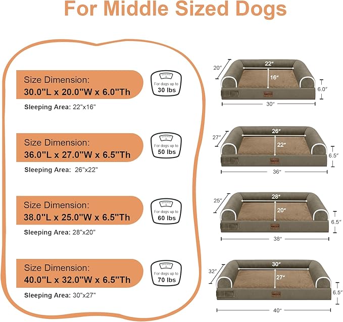 Large Dog Bed Orthopedic Washable: Beds Bolster XL Bed Large Big Dogs Egg Crate Foam Couch Sofa Waterproof with Removable Cover - Brown