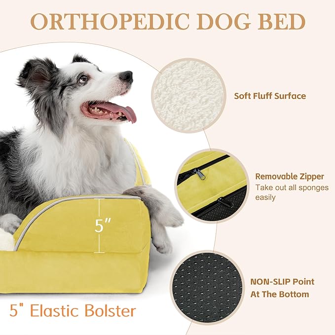 Comfort Expression Orthopedic Dog Bed for Extra Large Dogs 53x42 Inch, Waterproof Egg Crate Foam XXL Pet Bed with Removable Bolsters, Dog Couch with Washable Cover & Non-Slip Bottom, Spicy Mustard