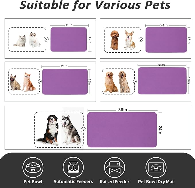 Dog Food Mat - Absorbent Cat Mat for Food and Water, No Stains Pet Feeding Bowl Mat, Easy to Clean Pet Placemats, Quick Dry Dog Water Dispenser Mat for Messy Drinkers | Purple 16"x 24"