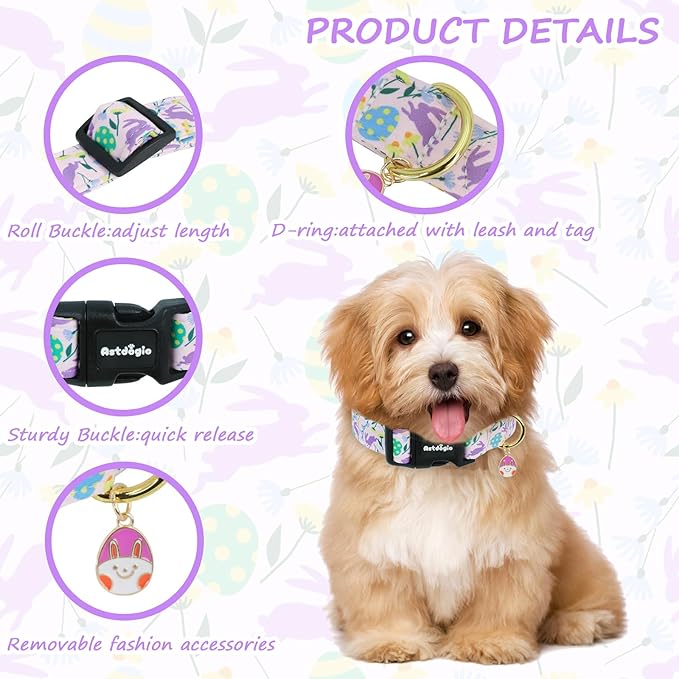 Easter Dog Collar, Spring Easter Egg Print Dog Collar with Purple Rabbit, Adjustable Cotton Puppy Collars Girl Boy Collar for Small Medium Large Dogs -S