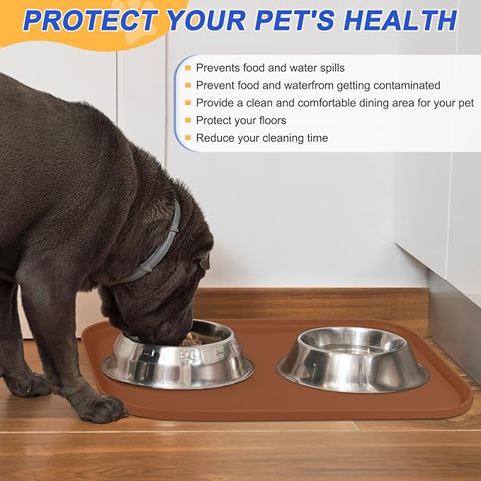 Silicone Pet Feeding Mat with Raised Edge for Food and Water, Dog Bowl Mats, Cat Bowls Placemat with High Lip for Floor Waterproof, Rubber Tray for Cats and Dogs 22 x 14 x0.8 Brown