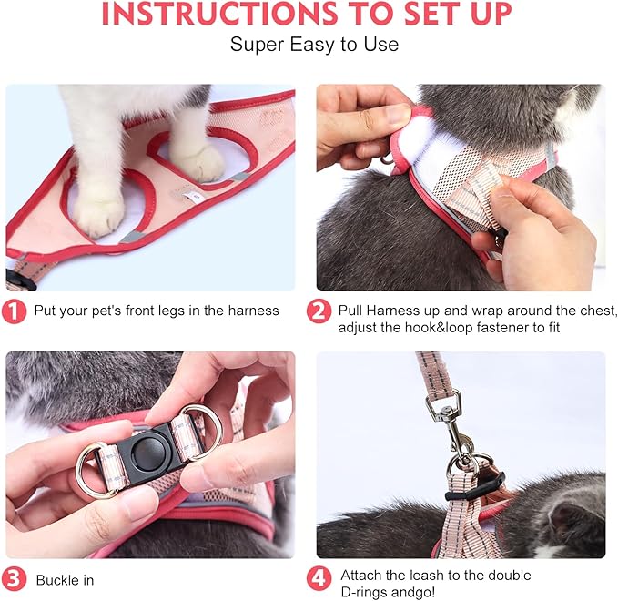 Cat Harness and Leash Set, Soft and Breathable Vest with Reflective Strip, Escape Proof Kitten Harness, Easy to Wear for Cats Walking and Traveling (Pink, L)