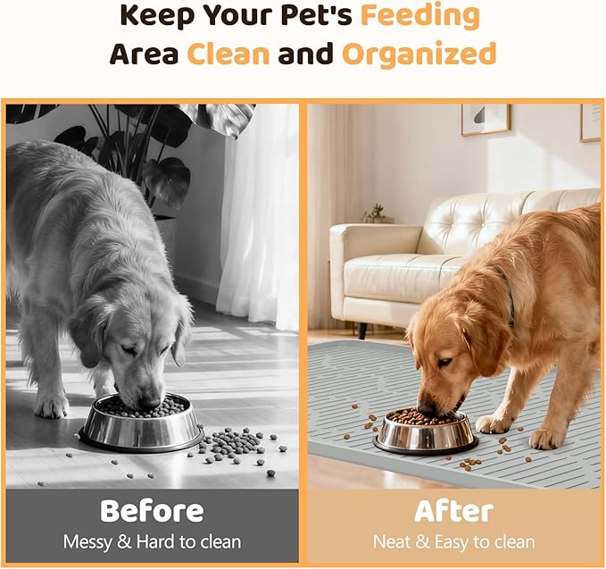 Silicone Cat & Dog Food Mat, 50" x 34" Extra Large Pet Feeding Mat for Cats and Dogs Bowl, Pet Placemat for Food and Water with Raised Edge, Waterproof, Leakproof (Grey)