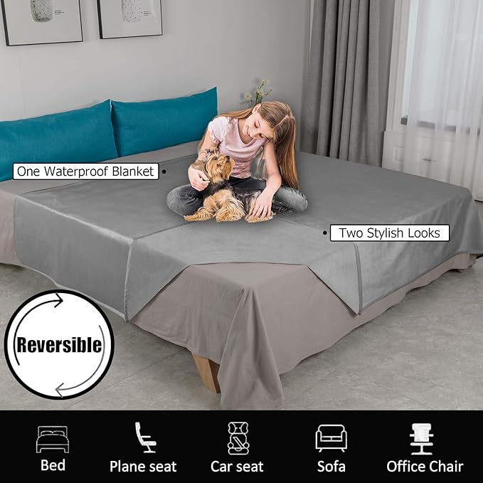 Ameritex Pet Bed Blanket Reversible 100% Waterproof Velvet Super Soft for Sofa and Bed (82x82 Inches, Light Grey+Grey)