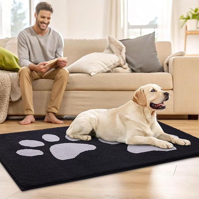 Buganda Dog Door Mat for Muddy Paws, Absorbent Dirt Trapper Washable Indoor Doormats, Non Slip Low-Profile Mud Mat for Dogs, Front Entrance Doormat for Inside Floor (30x20 Inches, Black and Grey)