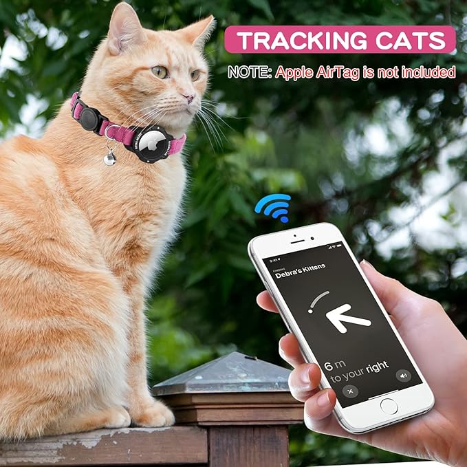 Luminous AirTag Cat Collar Breakaway, OUCWLTAG GPS Cat Collar with Apple Air Tag Holder, Cat Tracker Collars with Safety Elastic Band for Girl Boy Cats, Kittens and Puppies (Pink, 9-13 Inch)