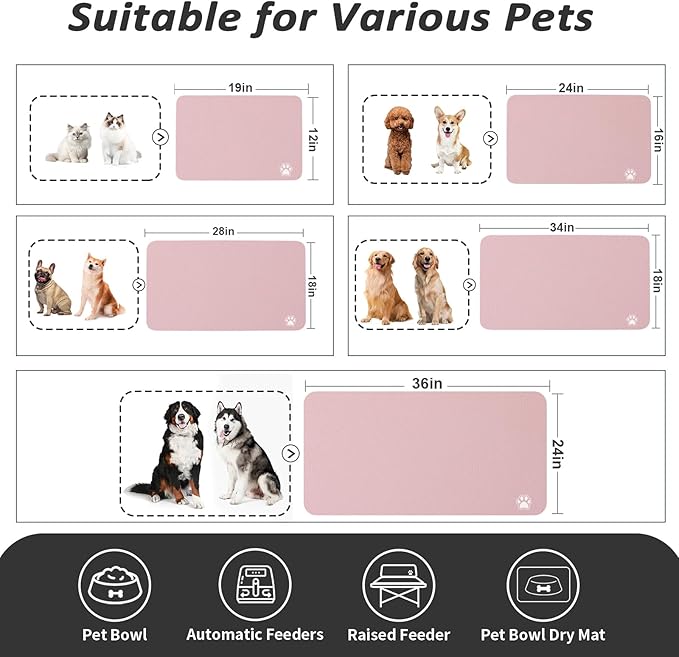 Dog Food Mat - Absorbent Cat Mat for Food and Water, No Stains Pet Feeding Bowl Mat, Easy to Clean Pet Placemats, Quick Dry Dog Water Dispenser Mat for Messy Drinkers | Paw Pink 18"x34"