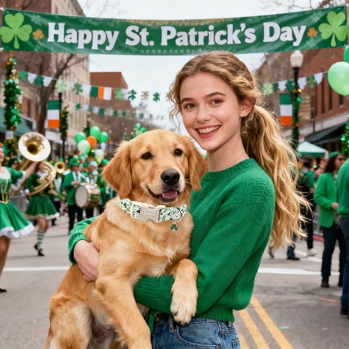 DOGWONG St Patrick's Dog Collar, Green Clover Pet Collar Cotton Holiday Pet Collar Cute Puppy Collar Adjustable Pet Dog Collars for Large Dogs,XL
