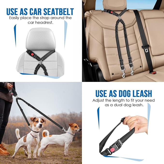 Dog Seat Belt for Car, Dual Pet Vehicle Headrest Restraint Safety Seatbelt,Two Dog Leash No Tangle Dog Car Leash Seat Belt,Duty Adjust Elastic Connect Harness in Vehicle Travel (Red)