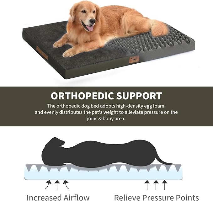 Plush Orthopedic Dog Bed for Medium Dogs & Puppies, Waterproof Dog Beds 29x18 Inch with Removable Washable Cover, Egg Crate Foam Flat Pet Mat, Coffee