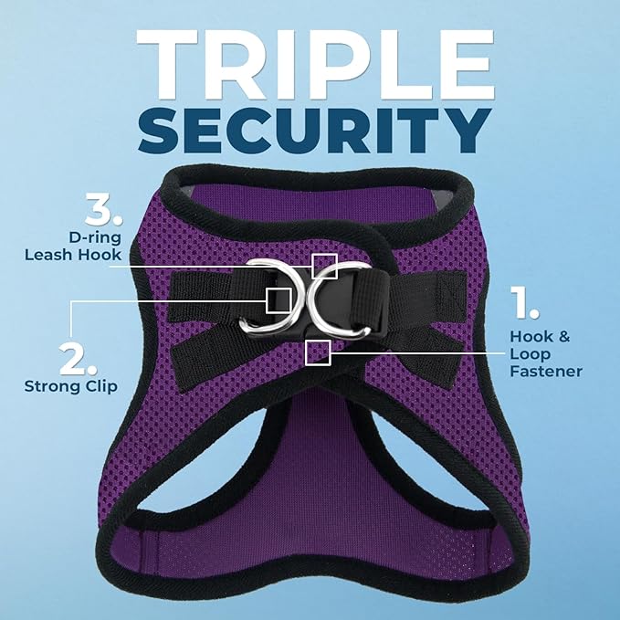 Best Pet Supplies - All Weather Mesh/Plush, Reflective, No Pull Harness for Small, Medium Dogs, Cats - Secure with Hook & Loop Fastener, Buckle, Double D-Rings - Purple/Black Trim, L