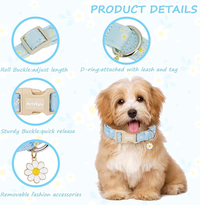 Dog Collar for Small Medium Large Dogs, Spring Blue Dog Collars with White Flowers, Adjustable Cotton Dog Collars, Cute Girl or Boy Dog Collar Ideal for Gifts,Pet Accessory,M