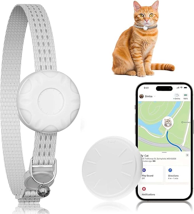 Cat Tracker, MINI GPS Tracker for Cats, Compatible with Apple Find My App(Only iOS), No Monthly Fee Pet Tracker, Real-Time Tracking, Smart Alerts, Up to 1-Year Battery