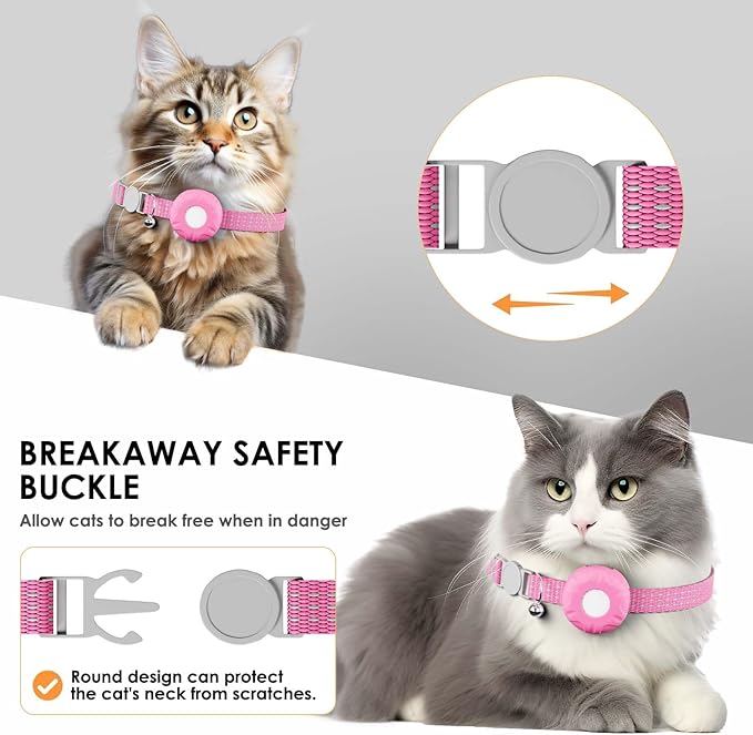 Cat Tracker, GPS Tracker Compatible with Apple Find My App(Only iOS), Waterproof Cat Tracker Collar with Bell and Safety Elastic Buckle, No Monthly Fee, Pet Trackers for Vehicles, Pets, Kids (Pink)