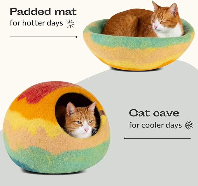 MEOWFIA Cat Cave – Premium Felt Cat Bed for Indoor Cats, Handmade 100% Merino Wool, Cat (Medium, Tucson Sunset) (Pack of 2)