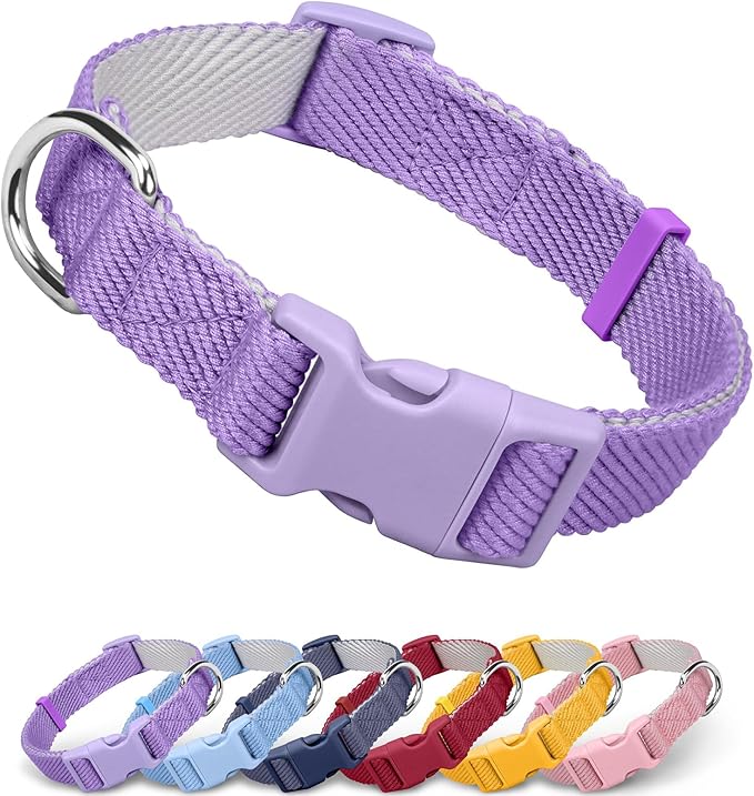 Dynmeow Soft and Breathable Cotton Dog Collar, Durable Adjustable Female Girl Pet Collar with Quick-Release Buckle, Lightweight for Sensitive Skin for Small and Medium Dogs, Purple, S