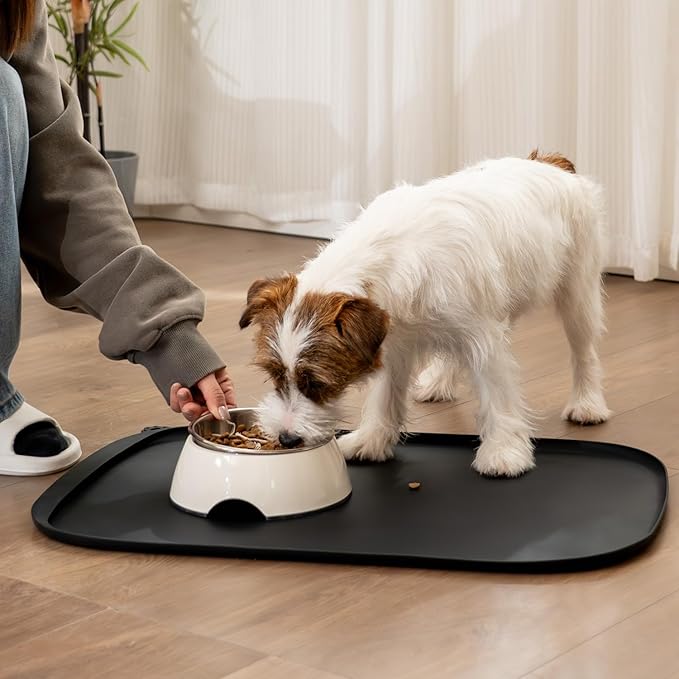 Silicone Dog Food Mat with Side Pocket & Hook Hole, Soft Raised Edges, Easy Clean Waterproof Non-Slip Pet Feeding Mat for Cats and Dogs Water Bowl, Pets Accessories(24"x16",Black)