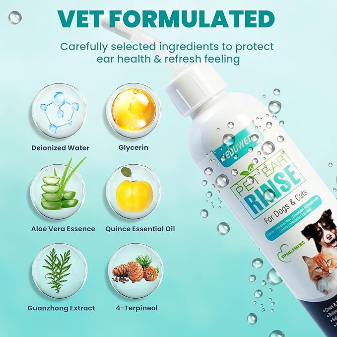 Dog Ear Cleaner, Dog Ear Care Liquid, Dog and Cat Ear Cleaner to Eliminates Ear Odour, Dirt and Debris Pet Ear Cleaner Solution,Remove Wax, Dirt & Stop Smelly, Itchy, Non-Irritating, 4 Fl oz