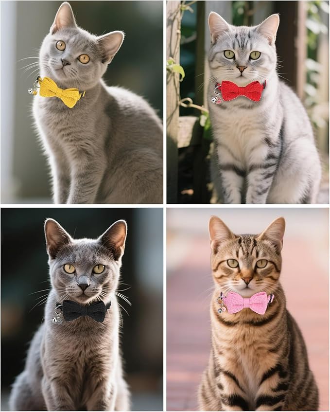 Cat Collar Breakaway with Bells, Soft Cotton Pink Cat Bowtie Collar for Girl Cats, Small Cats Collar with Bow for Spring Summer, 2 Pack Cute Kitten Collars with Removable Bowtie 8-12Inch