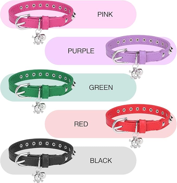 Leather Cat Collars for Boy Girl Cats with Bell and Safety Elastic Belt, Personalized Rivets Stud Adjustable Safe Buckle Collar with Skull Charm for Kitty Small Pets, Red 7"-9"