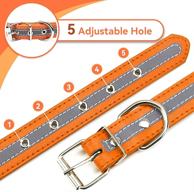 PETCARE Reflective Dog Collar with Cute Paw Rivet Studded Funny Soft PU Leather Adjustable Puppy Dog Collars for Small Medium Large Dogs Cats (Orange,Medium)