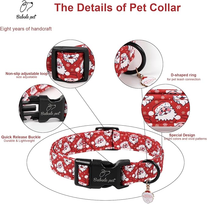 Christmas Dog Collar - Cute Red Santa Christmas Puppy Collar with Safety Buckle, Soft Adjustable Holiday Dog Collars for Small Medium Large Dogs S