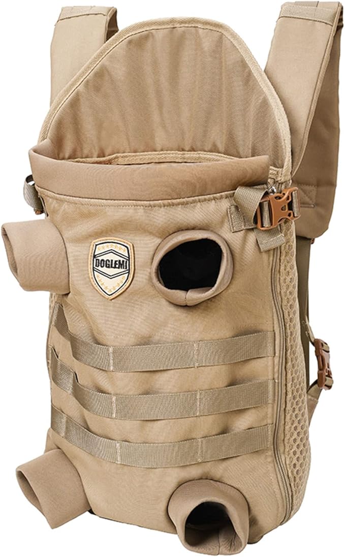 FLAdorepet Dog Carrier Tactical Backpack for Medium Large Dogs,Soft Hands-Free Legs Out Pet Front Cat Dog Carrier Backpack Travel Bag for Outdoor Traveling Hiking Camping (Medium, Khaki)