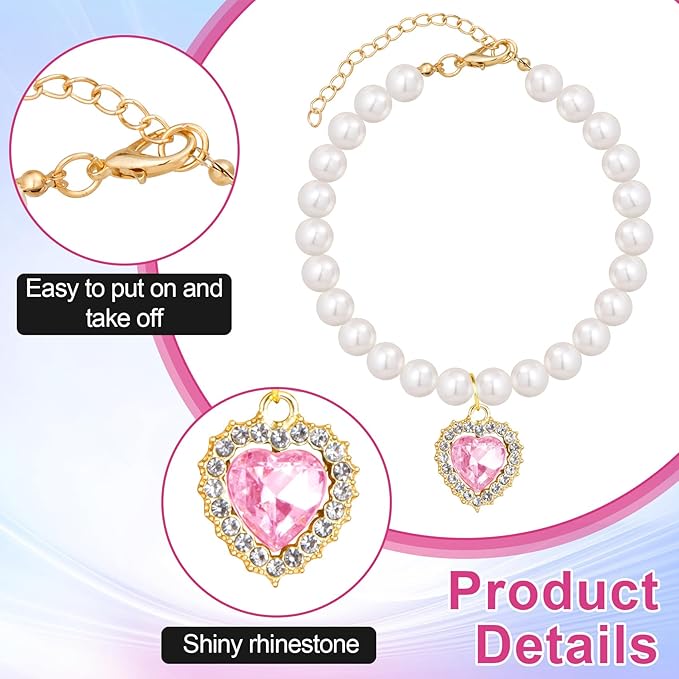 2pcs Pearl Collar for Cat Puppy, Small Cute Heart Shape Rhinestone Pet Necklace, Adjustable Wedding Party Pet Jewelry Accessories for Puppy Kitten- Green & Pink