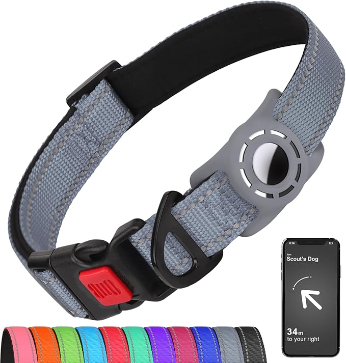 Airtag Dog Collar with AirTag Holder for Small Dogs, Reflective, Soft Padded & Safety Locking Buckle, Nylon Pet Collars Adjustable for All Breeds, Grey,S