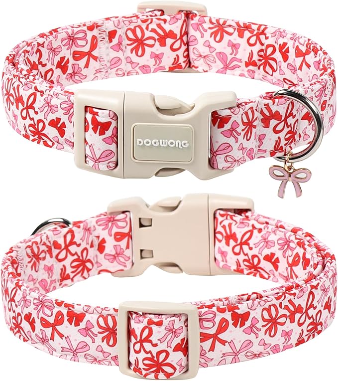 DOGWONG Cute Dog Collar, Pink Bow Pattern Dog Collar, Girl Female Dog Collars with Strong Plastic Buckle for Small Dogs,S