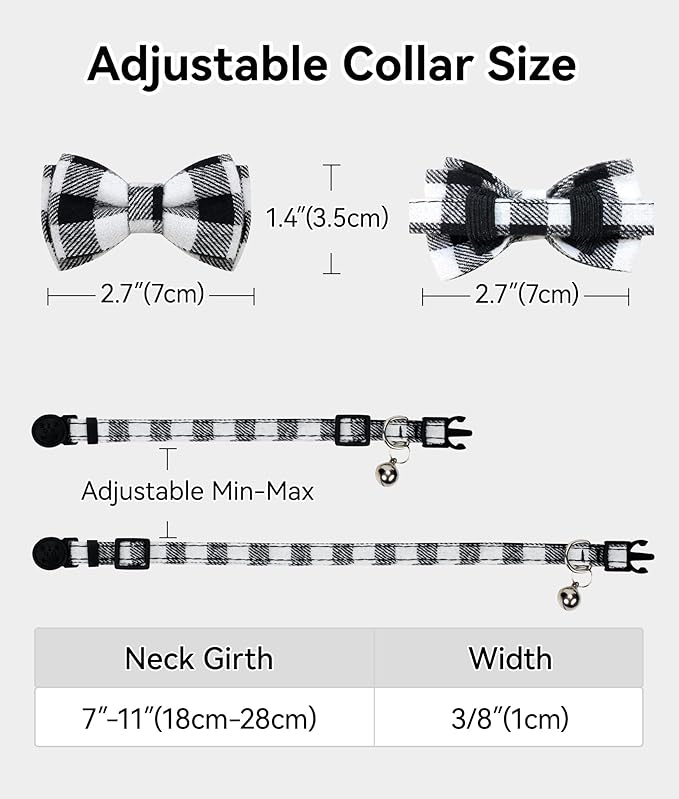 Joytale Upgraded Cat Collar with Bells, Breakaway Cat Collars with Bow Tie, 1 Pack Girl Boy Safety Plaid Kitten Collars, Black