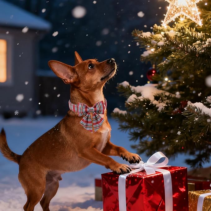 Christmas Plaid Dog Collar with Bow, Red and Blue Check Adjustable Pet Collar with Quick Release, Christmas Stripes Bowtie Collar for Small Medium Large Dogs XL
