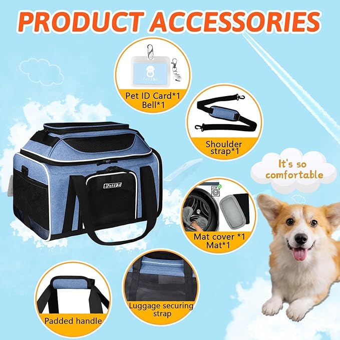 Petskd Top-Expandable Pet Carrier 18x11x11 Inches Delta American United Airline Approved, Soft-Sided Carrier for Small Cats and Dogs with Locking Safety Zippers and Anti-Scratch Mesh(Blue)