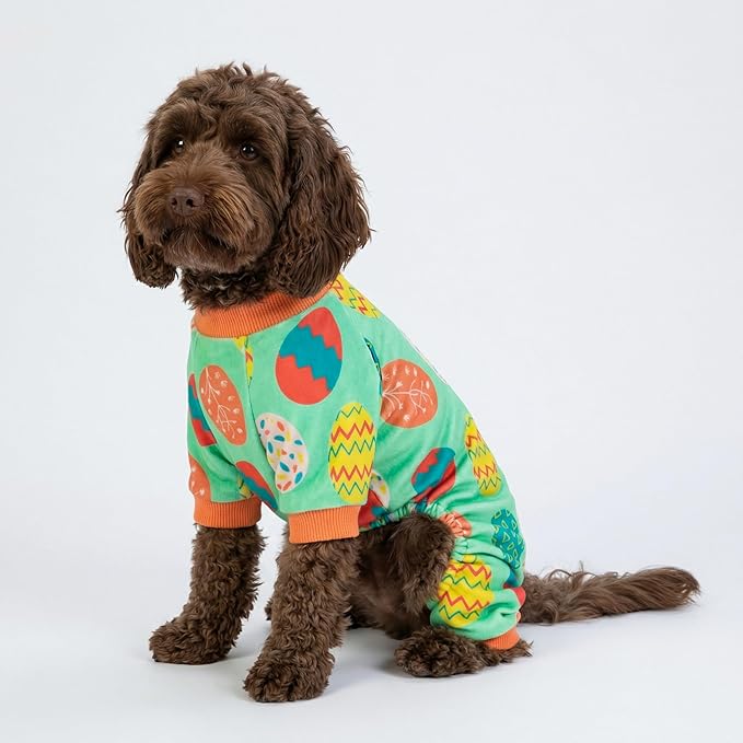 Fitwarm Easter Egg Dog Pajamas, Holiday Dog Clothes for Small Dogs Girl Boy, Pet Easter Outfit, Puppy Cat Onesie, Lightweight Velvet, Light Green, Orange, XL