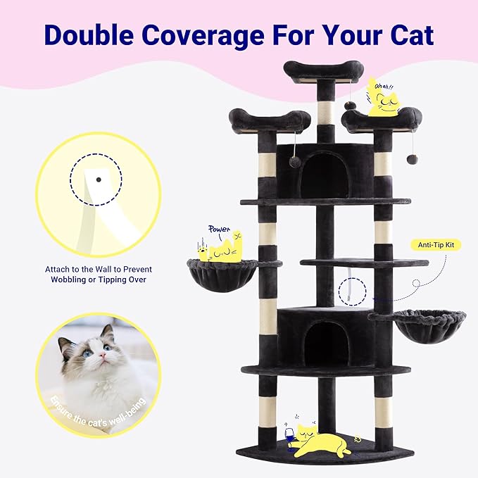 Allewie 73in Fan-Shaped Space-Saving Corner Cat Tower/Multi-Level Tall Cat Tree for Indoor Kitties/Cozy Baskets/Condos/House/Perches/Sisal Scratching Posts/Pet Activity Center/Dark Grey