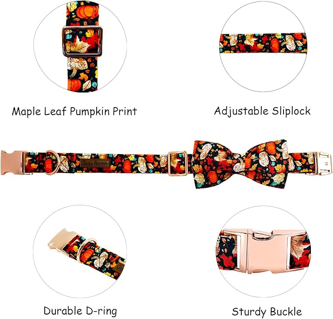 Fall Dog Collar, Leaf Pumpkin Print Adjustable Pet Collar Cute Cotton Soft Collars with Bow Tie Metal Buckle Holiday Puppy Collars Boy&Girl Gift for Large Dogs