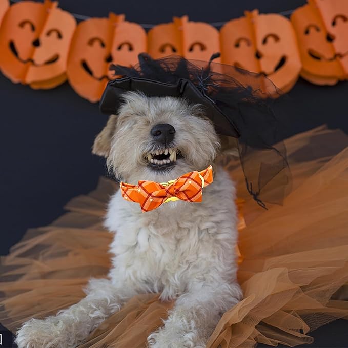 Fall Dog Collar, Pet Collar Bow Orange Plaid Collars Girl Boy Holiday Pet Collars Gift Bow Dog Collar Cute Soft Puppy Collars for Large Dogs