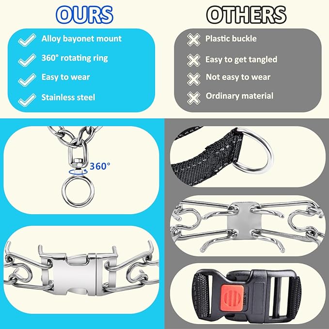 Stainless Steel Dog Collar, Tangle-Free 360° Swivel Collar with Quick-Release Buckle, Adjustable for Small, Medium and Large Dogs (M-3.0mm)