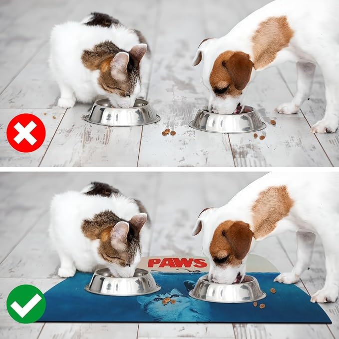 Cat Food Mat - Pet Feeding Mat for Floor, Non-Slip, Waterproof, Super Absorbent, Easy to Clean, Blue, Cat, Dog 12.2''x19.7''