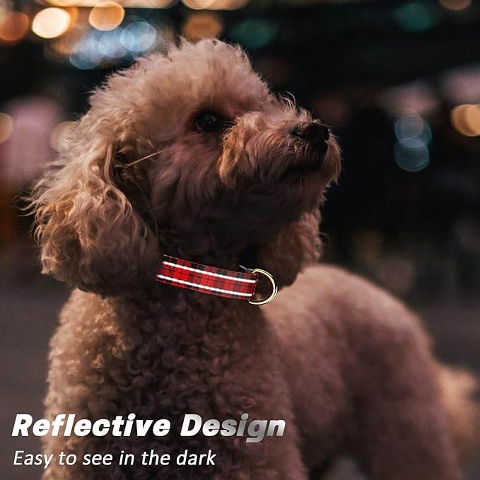 Reflective Dog Collar for Large Dogs, Cute Boho Adjustable Heavy-Duty Nylon Puppy Collar for Boy and Girl Female, Soft Pet Accessories with Quick Release Buckle, Black Red Tartan