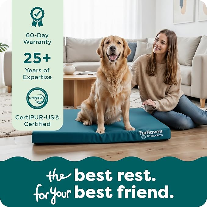 FurHaven Water-Resistant Orthopedic Dog Bed for Large Dogs, Oxford Polycanvas Mattress with Egg Crate and Solid Orthopedic Foam Base for Joint Support, Washable Cover, Jumbo XL, Deep Lagoon