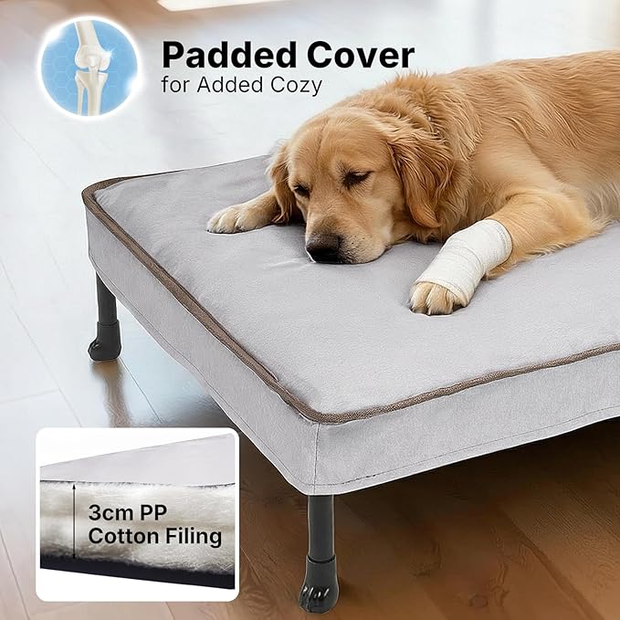 Veehoo Elevated Dog Bed with Waterproof Cushion, Cooling Raised Dog Beds with Padded Top, Washable Outdoor Dog Bed, Orthopedic Pet Cot for Indoor & Outdoor, Extra Large Dog Bed 53" x 37.5", Dark Grey