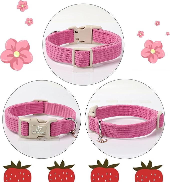 Cute Corduroy Dog Collar - Deep Rose Adjustable Dog Collars for Small Dogs 10-25lbs, Fade-Proof with Secure Snap & Little Charm, Christmas Birthday Gift, S