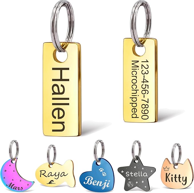 Anavia Small Size Dog Cat ID Tags, Small/XS Personalized Color Plated Stainless Steel Puppy Kitten Name Tags, Customized Engraved Nameplate Pet Collar Tag (Gold, XS-Rectangle)