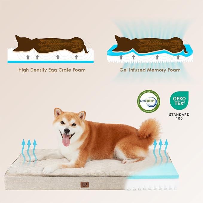 EHEYCIGA Waterproof Dog Bed Orthopedic 35"x23", Memory Foam Pet Bed for Larged Size Dogs, Washable Pet Mat with Removable Cover, Beige