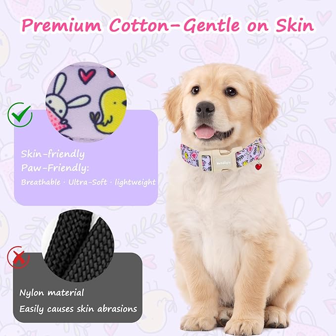 Easter Dog Collar for Small Dogs, Easter & Spring Theme Small Dog Collar with Cute Chick & Bunny Pattern, Adjustable Purple Easter Dog Collars Girl Boy Collar for Dogs -S