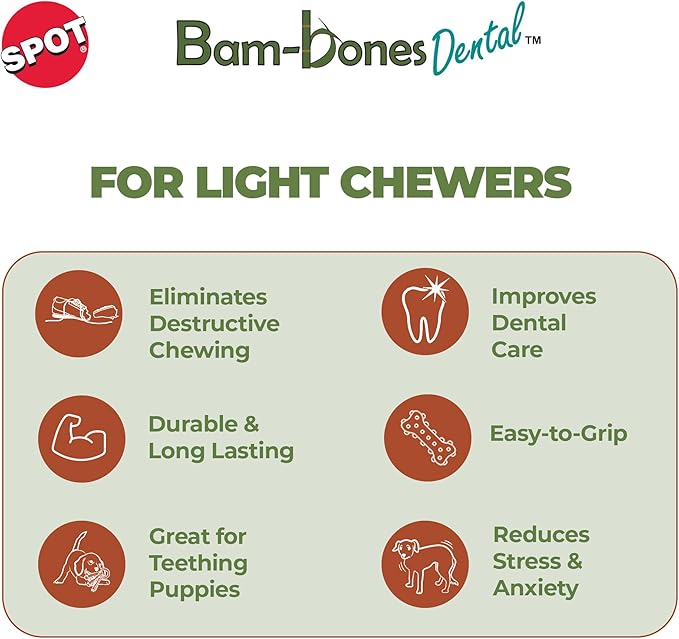 SPOT Bam-Bones Dental X-Bone - Made with Bamboo Fiber and a Massaging Rubber Center, Durable Oral Care Dog Chew for Light Chewers & Teething Puppies under 40lbs, 8in Allergen Free Peanut Butter Flavor